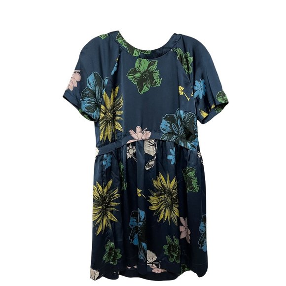 Topshop Size 6 Blue Satin Floral Crew Neck Short Sleeve Mini Dress - Picture 2 of 6